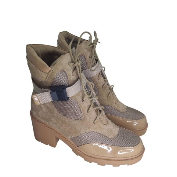 Vivianly MOTO Lace-Up Chunky Heel Platform Combat Boots Nude Size 10 - Picture 7 of 16